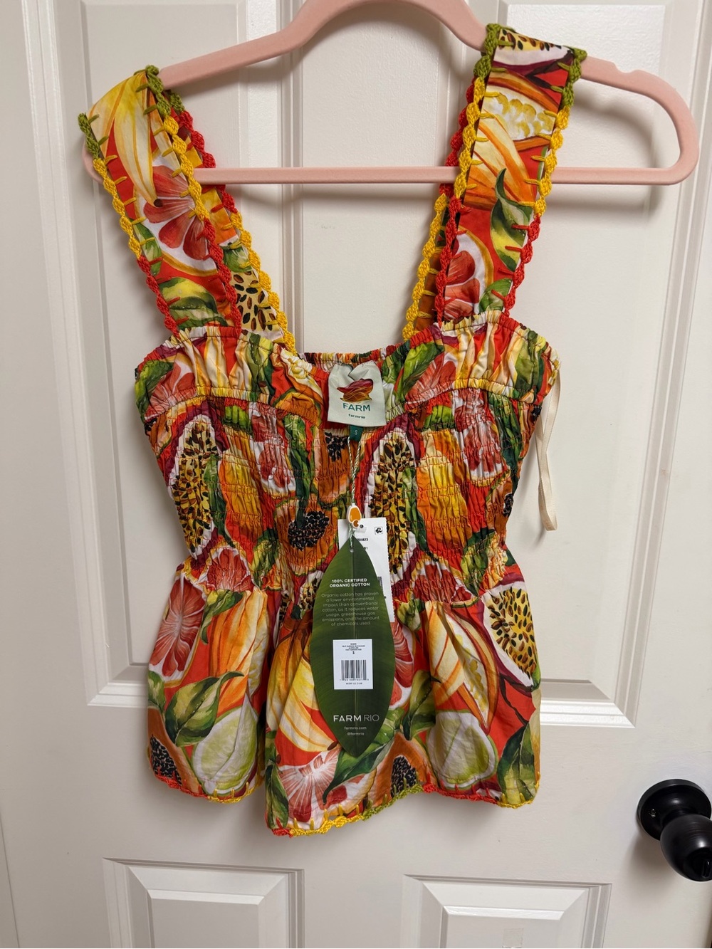 FARM  Rio Red Fruit Garden Smocked Crochet Details Blouse Size Small - Picture 5 of 7